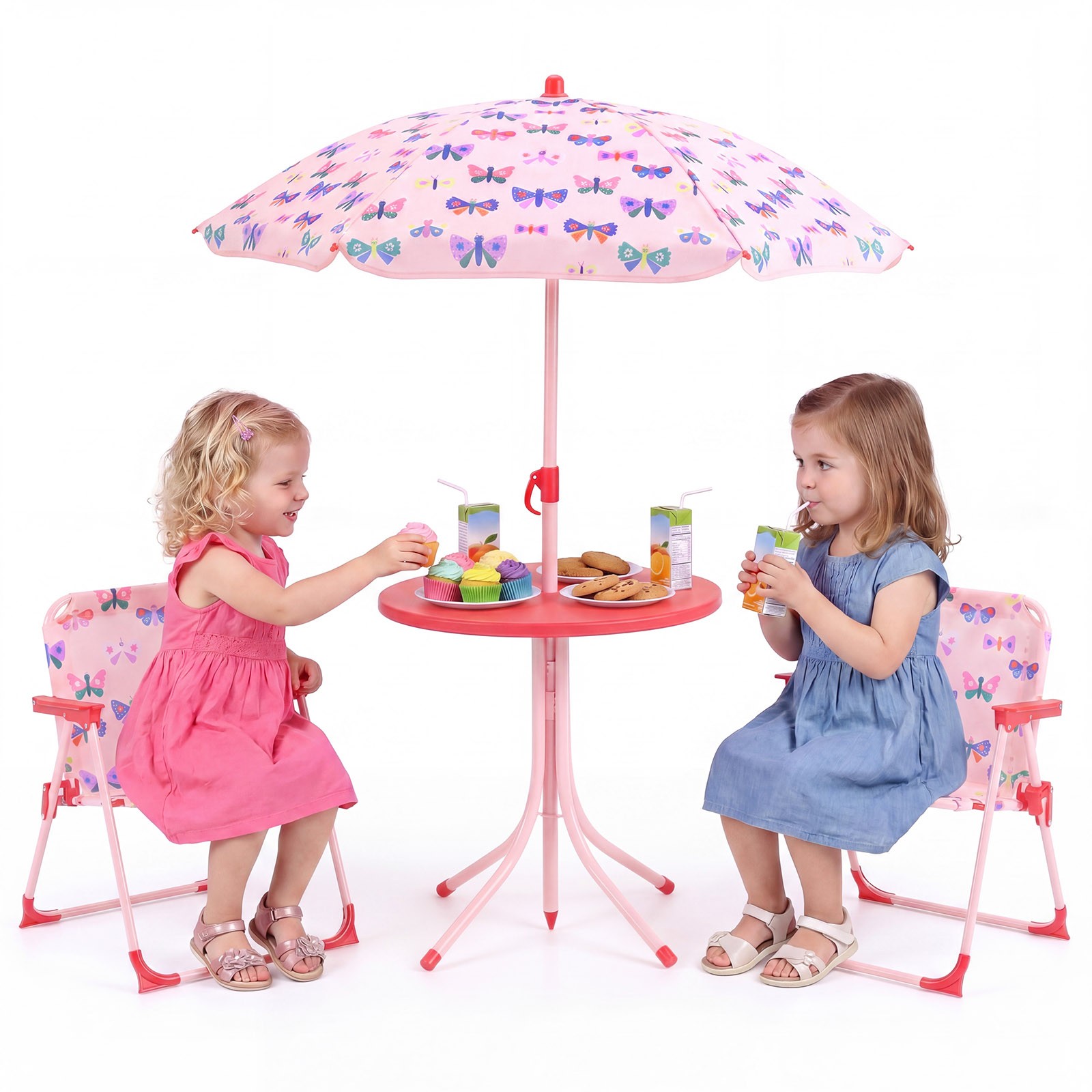 Kids Picnic Table, Outdoor Table&Chair Set, 2 Folding Chairs&Adjustable Umbrella