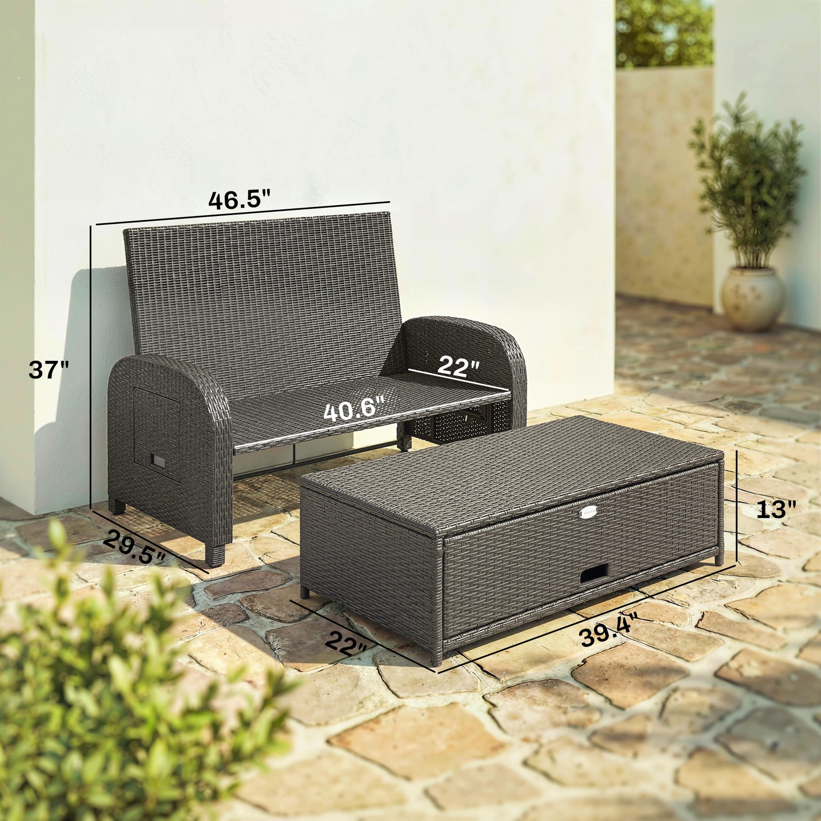 Outdoor Patio Rattan Daybed w/ Storage Ottoman, Navy Blue