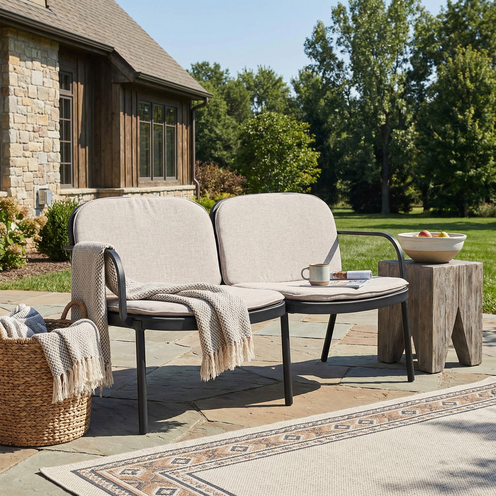 Outdoor Patio Loveseat, Black Frame with Beige Cushion, 54.5″ L