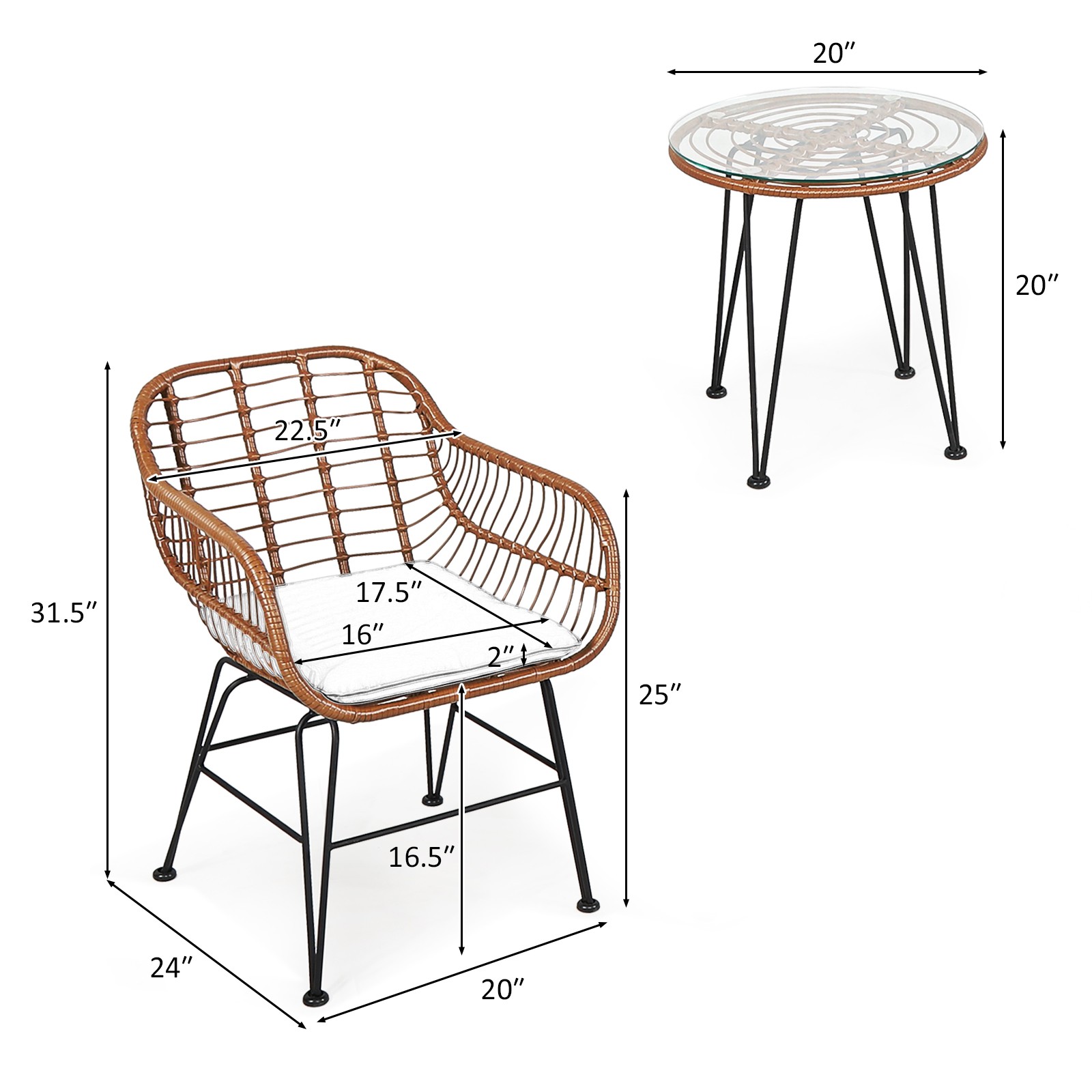 Patiojoy 3PCS Patio Rattan Bistro Set Coffee Table Armchair Garden Black Cushion