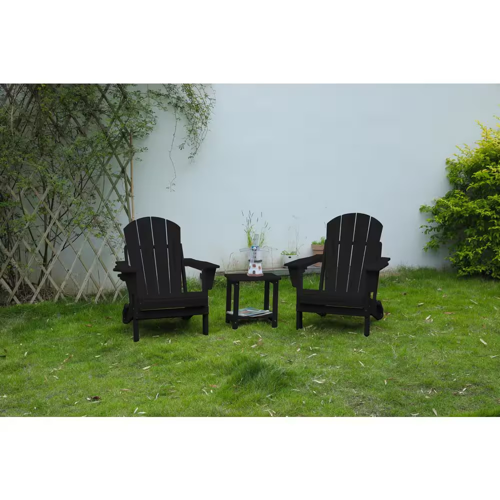 Black Folding Composite Adirondack Chairs and Table (Set of 3), All-Weather Fire