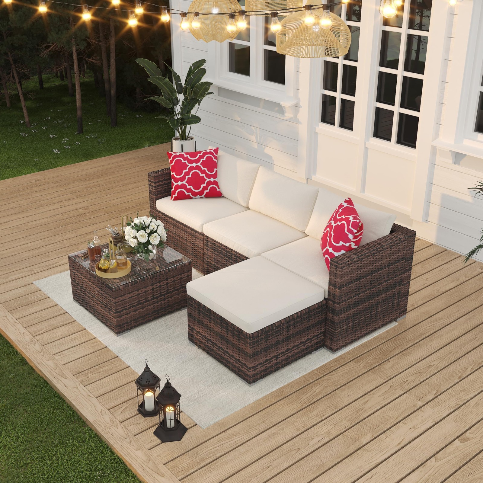 5Piece Patio Furniture Set Rattan Chairs w/ Soft Cushion,Glass Table(No pillows)