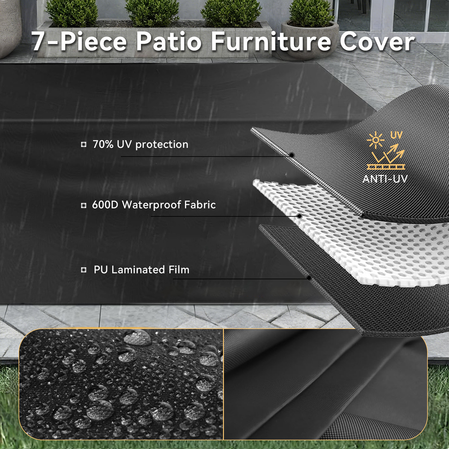 7-Piece Gray Rattan Sofa Set Black Cushions Coffee Table