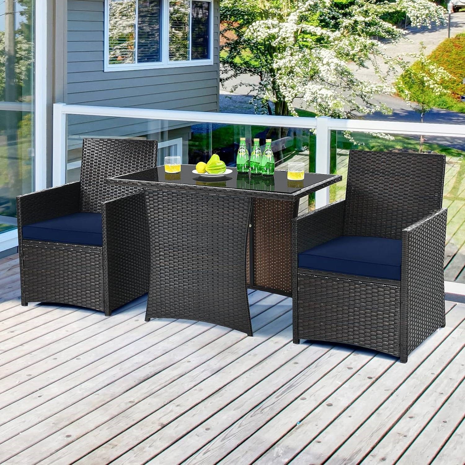 Outdoor Patio Dining Set 3 Piece Brown PE Rattan Navy Blue Cushions