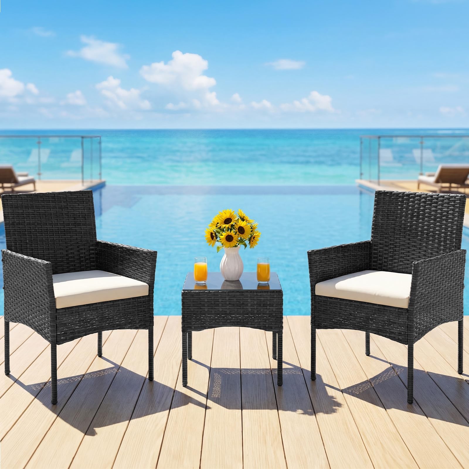 Juego De Mesa y 2 Sillas Con Cojines 3 Piezas Muebles Para Patio Exterior Barato