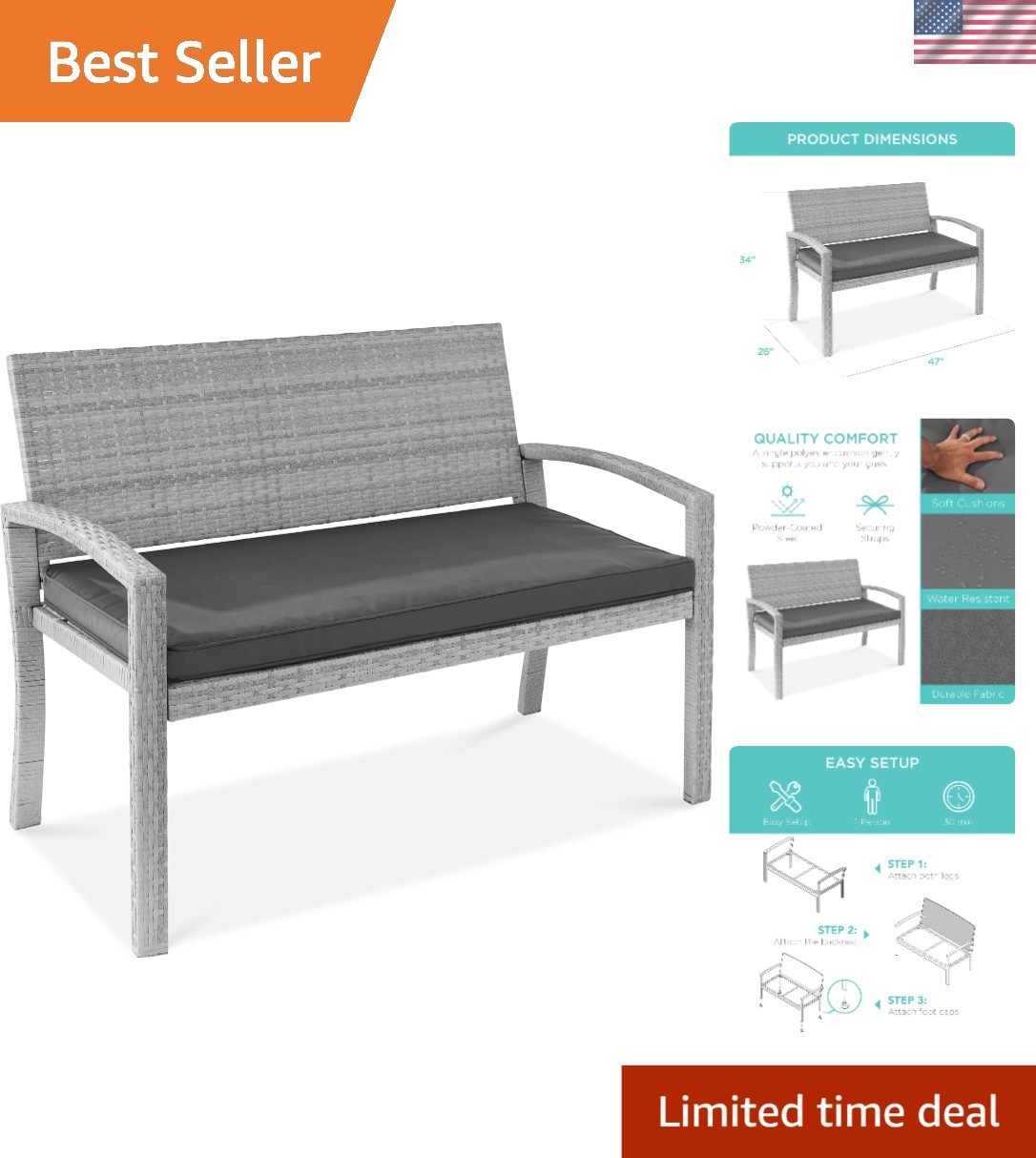 Contemporary 2-Person Wicker Outdoor Bench with Cushion – 700lb Capacity