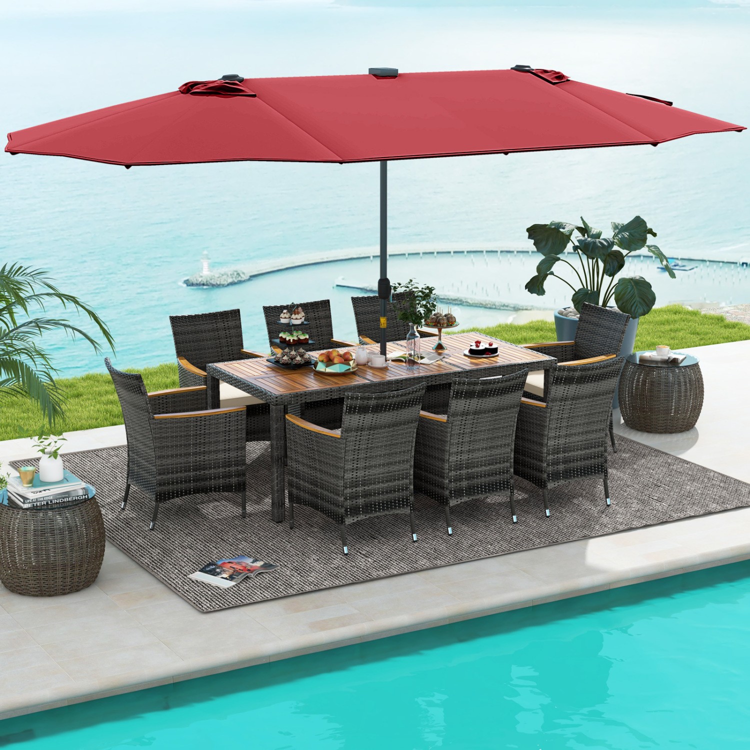 11Pcs Patio Dining Set 15Ft Double-Sided Umbrella Base Included Wine