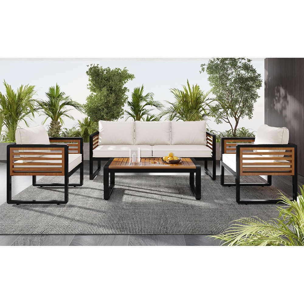 5-Person Outdoor Patio Conversation Set with Beige Cushions & Acacia Table