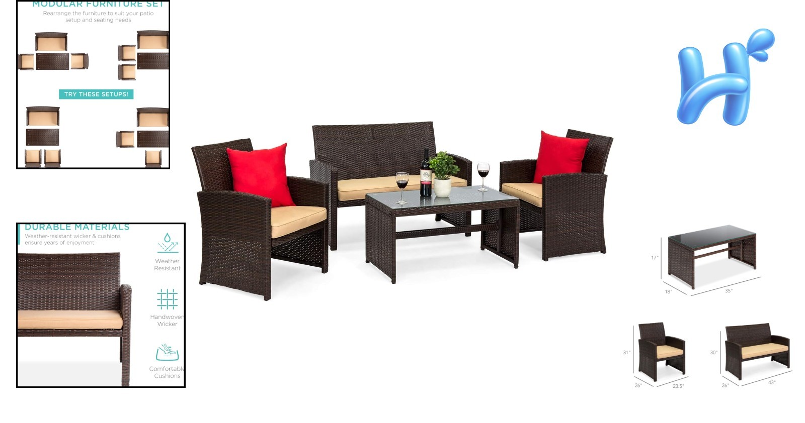 Elegant 4-Piece Modular Wicker Patio Set with Glass Coffee Table – Brown/Beige