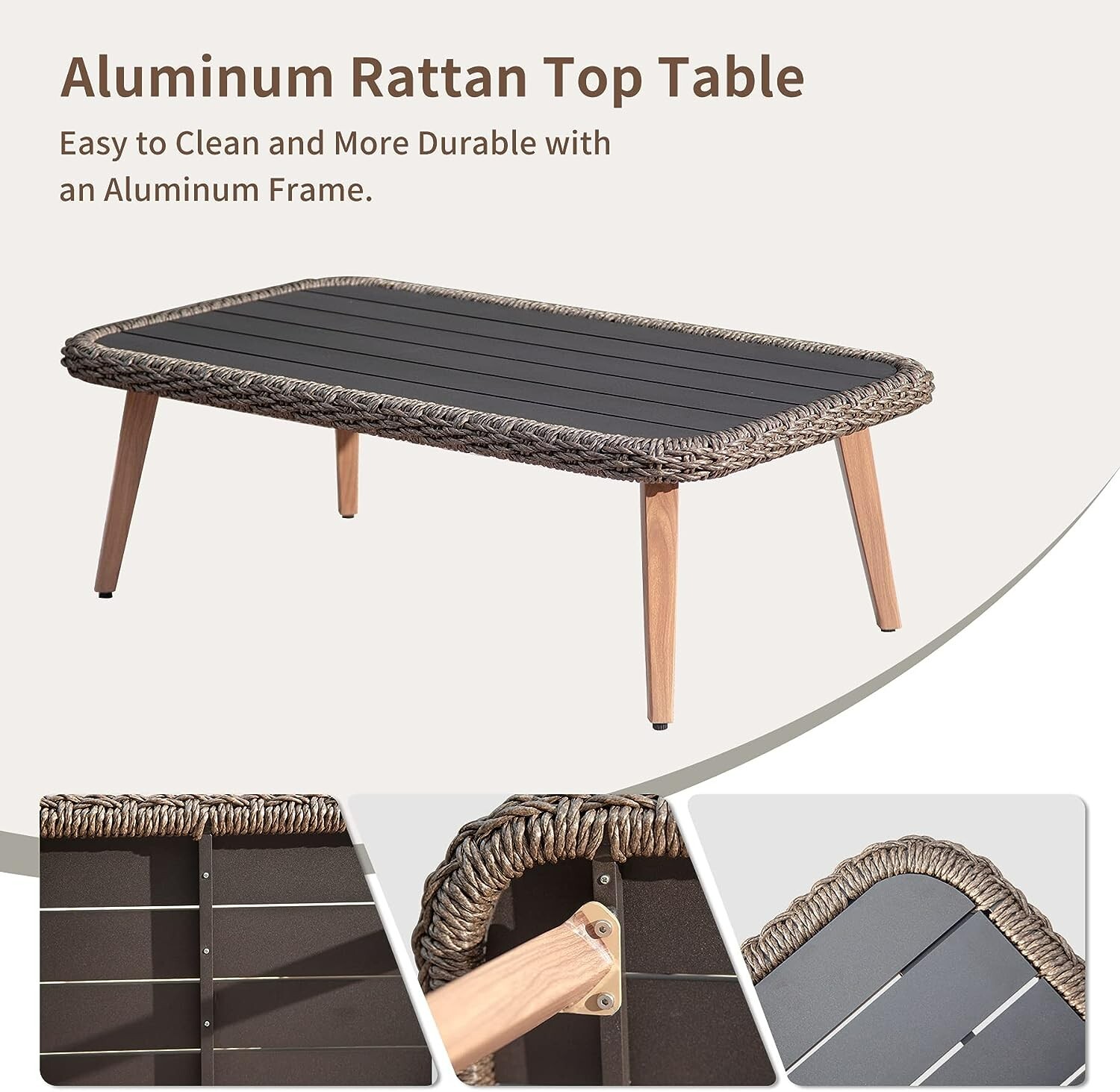 Patio(4-piece) with hand-woven rattan Aluminum frame (4 seats in Khaki)