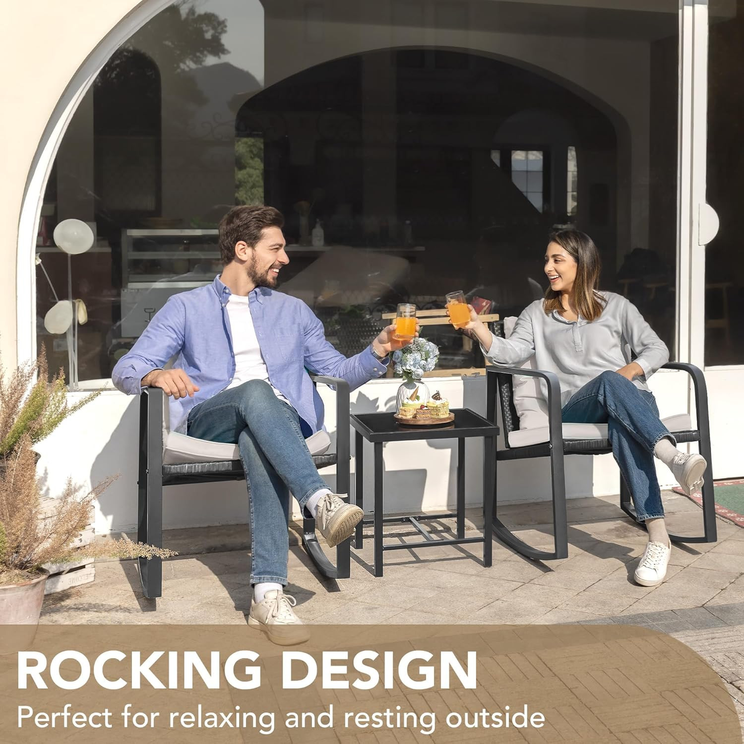 3 Piece Rocking Bistro Set Wicker Patio Outdoor Furniture Porch Chairs Conversat