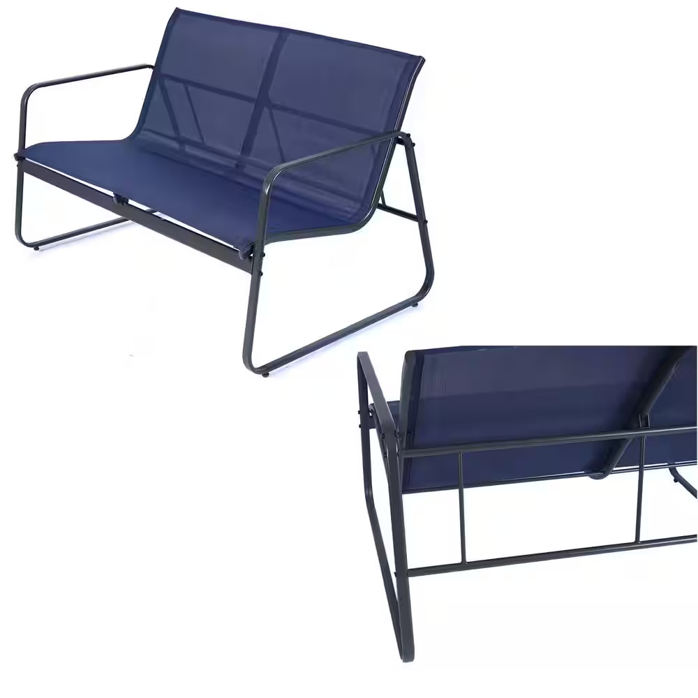 Gray 4Piece Metal Patio Conversation Set with Blue Breathable Textilence Seating