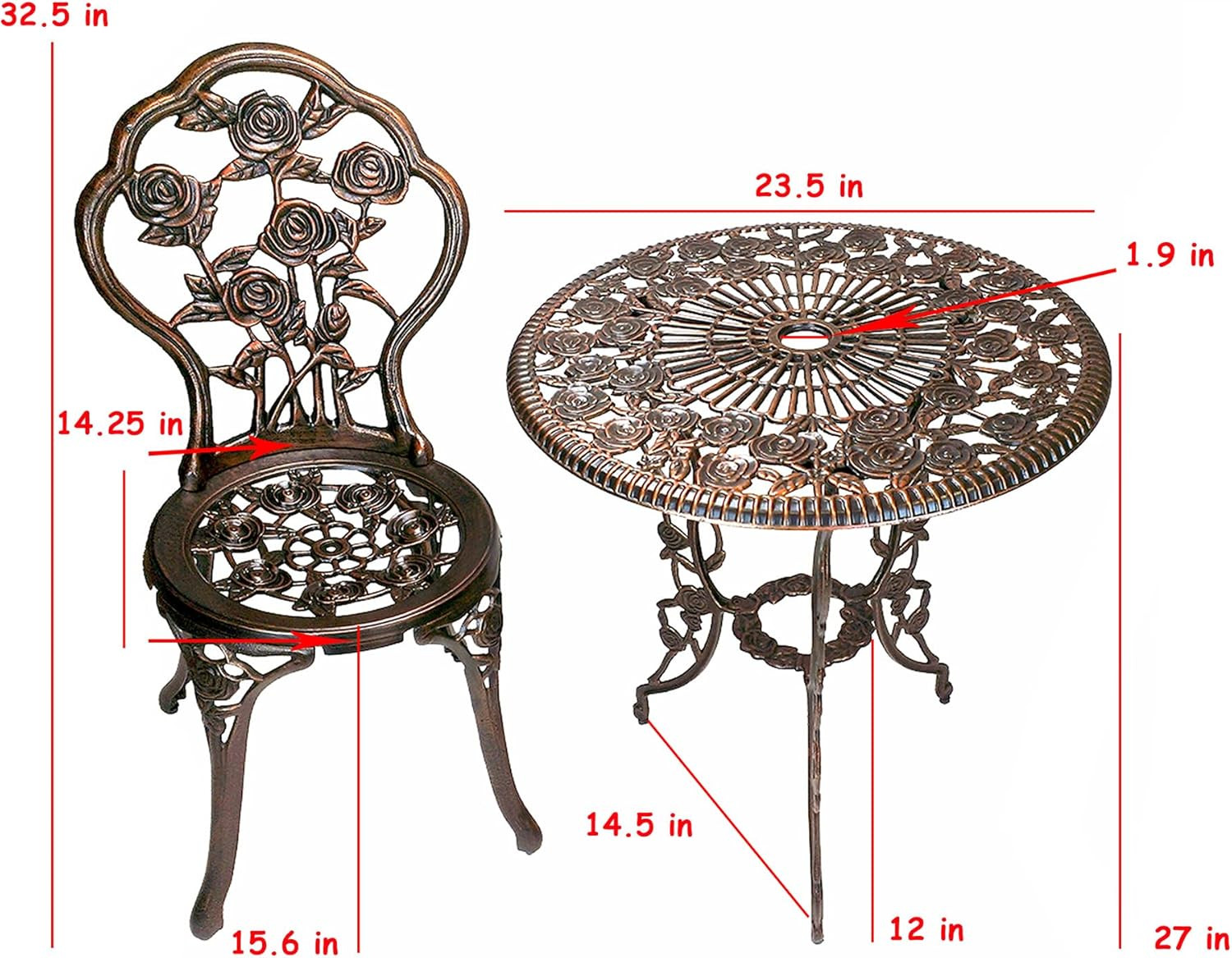 3-Piece Rose Bistro Set with 23.5-Inch Cast Aluminum Top Table