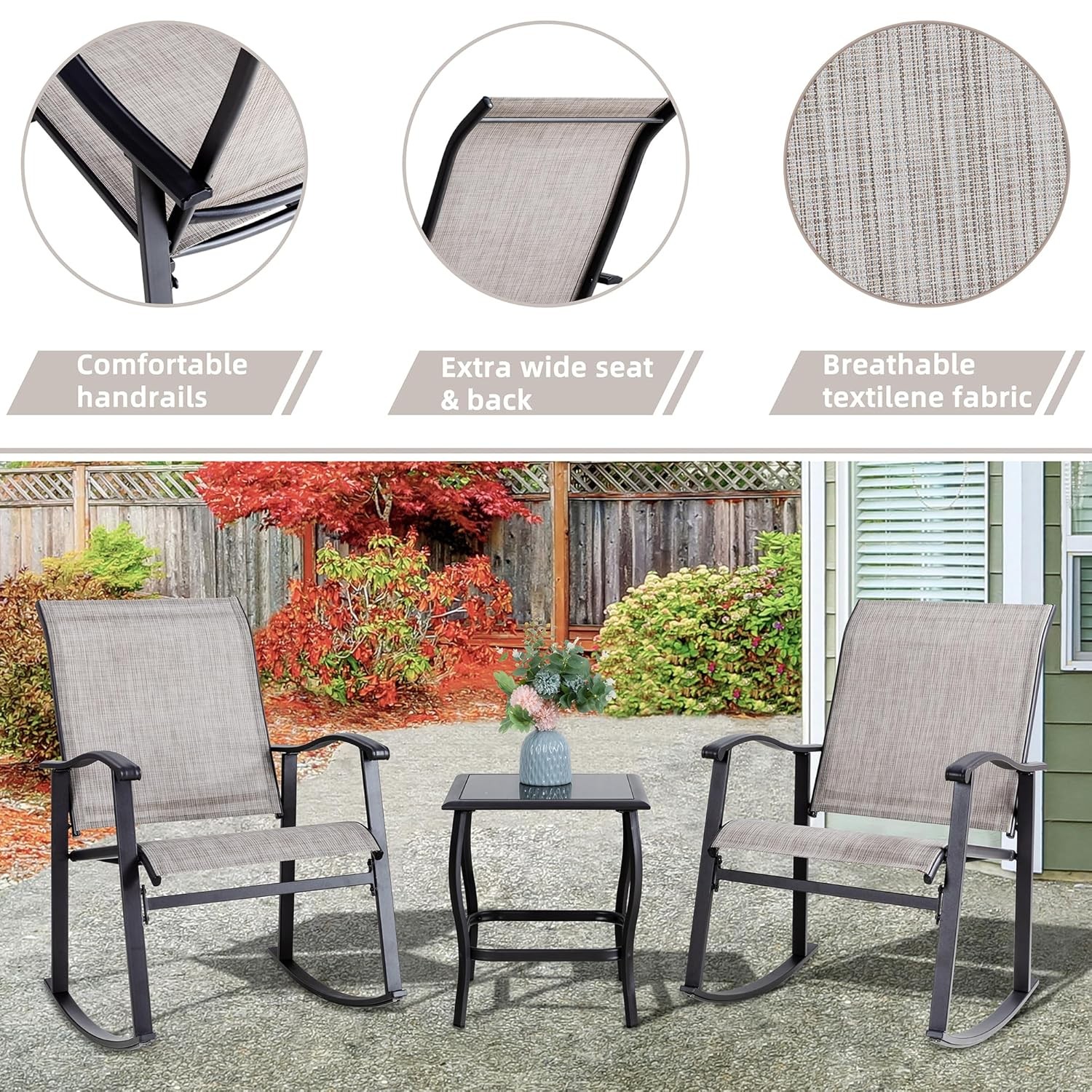 Vongrasig 3 Piece Outdoor Rocking Bistro Set, Textilene Fabric Small Patio Furni