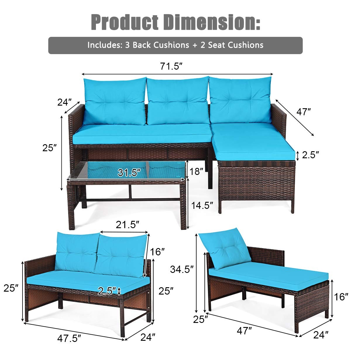 RELAX4LIFE 3-Piece Patio Furniture Set, Outdoor Wicker Sectional Sofa Set w/W…