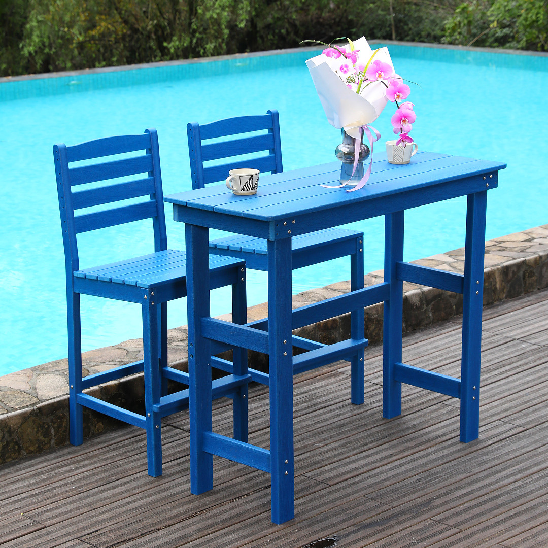 HDPE Outdoor Bar Table and Chairs Set, Adirondack Style, Navy Blue