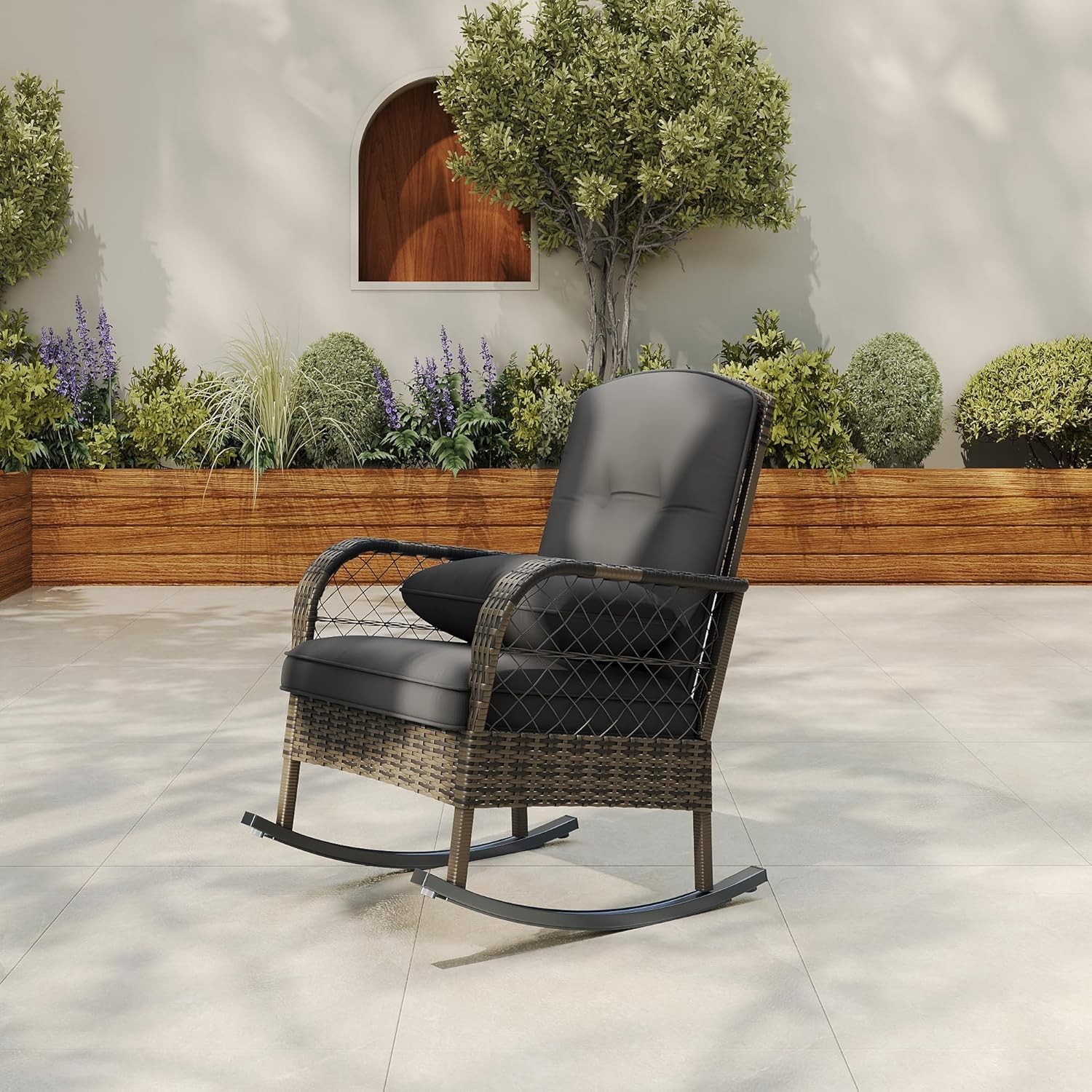 Outdoor Rocking Chairs Wicker High Back Ergonomic Handwoven Brown Rattan Cushion