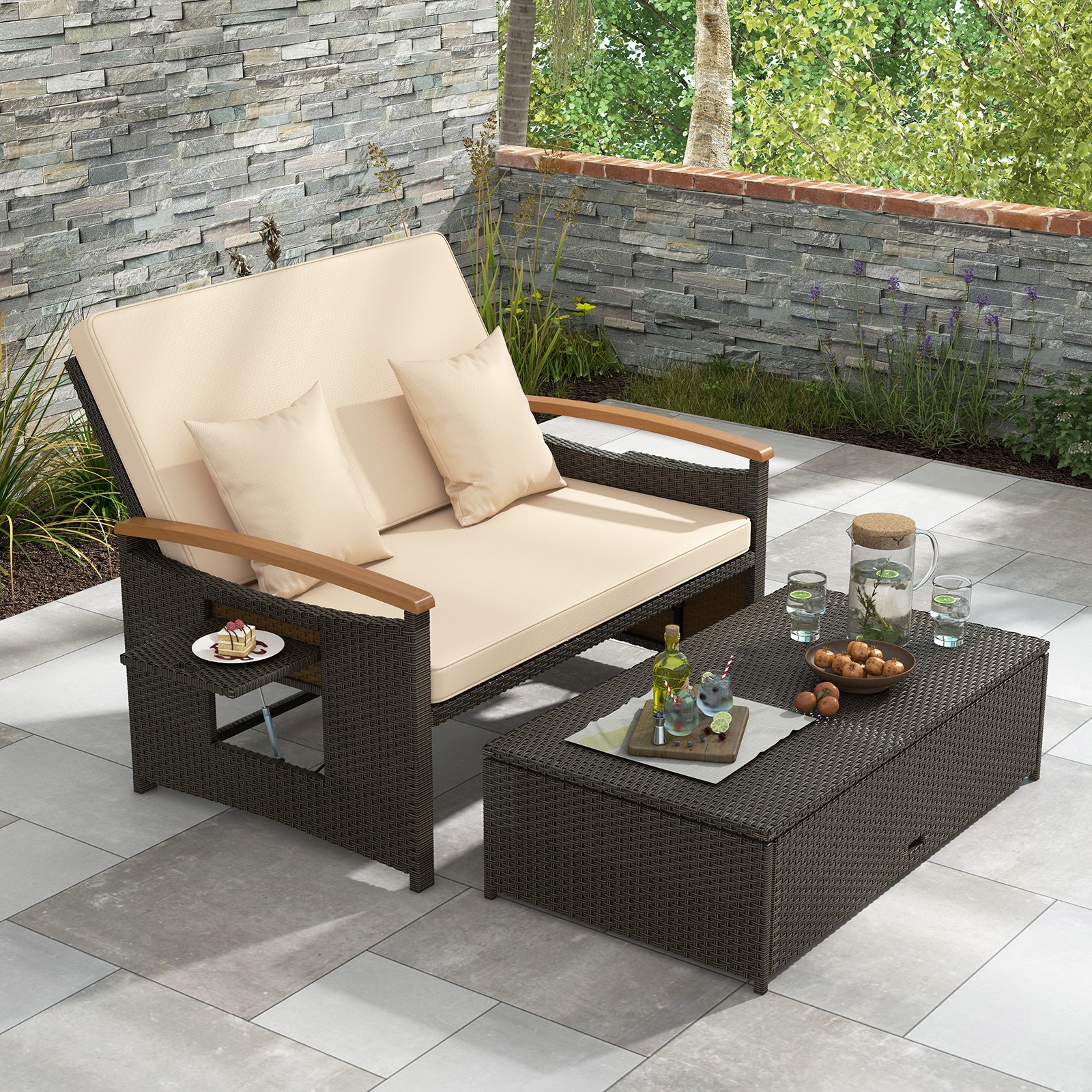 Patio Rattan Daybed Set with Cushioned Loveseat and Storage Ottoman Beige