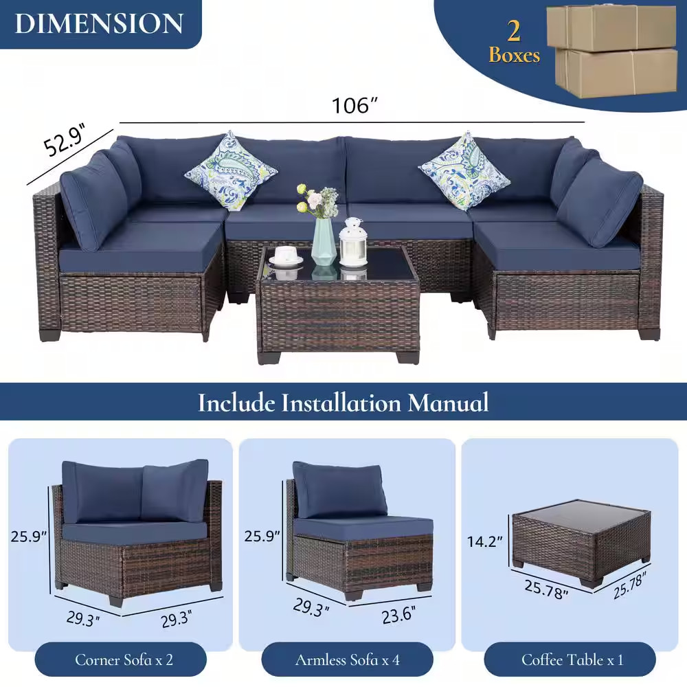 7-Piece Patio Furniture Set All-Weather Sofa Set Brown Wicker Patio Conversation