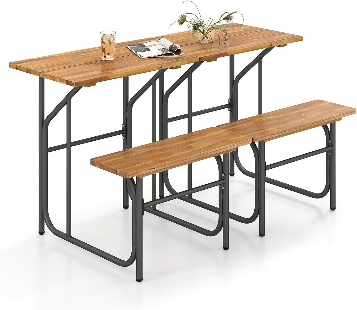 Sturdy Acacia Wood Patio Dining Bench Set with Metal Legs for Outdoors