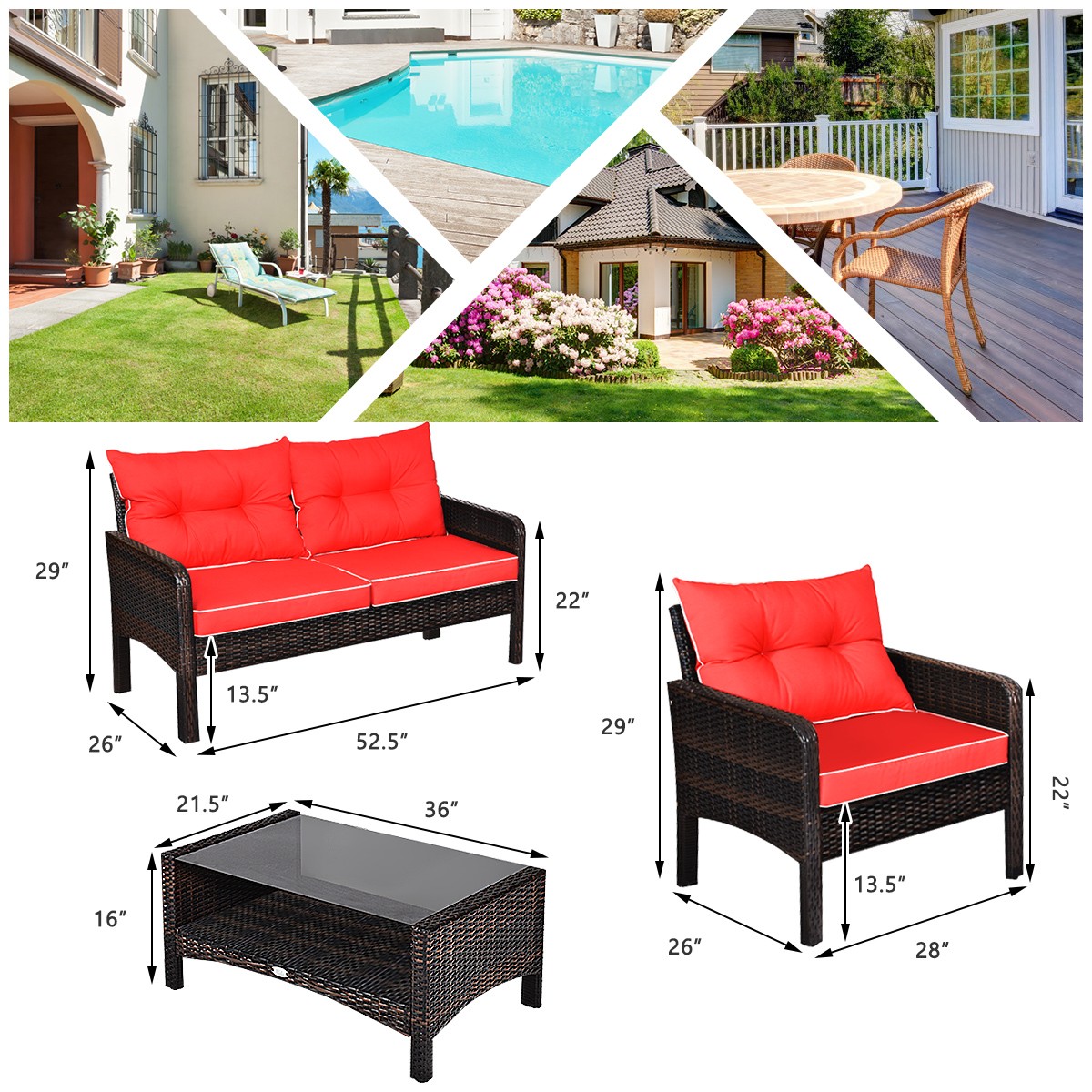 4PCS Rattan Patio Conversation Set Red Cushioned Outdoor Furniture Set