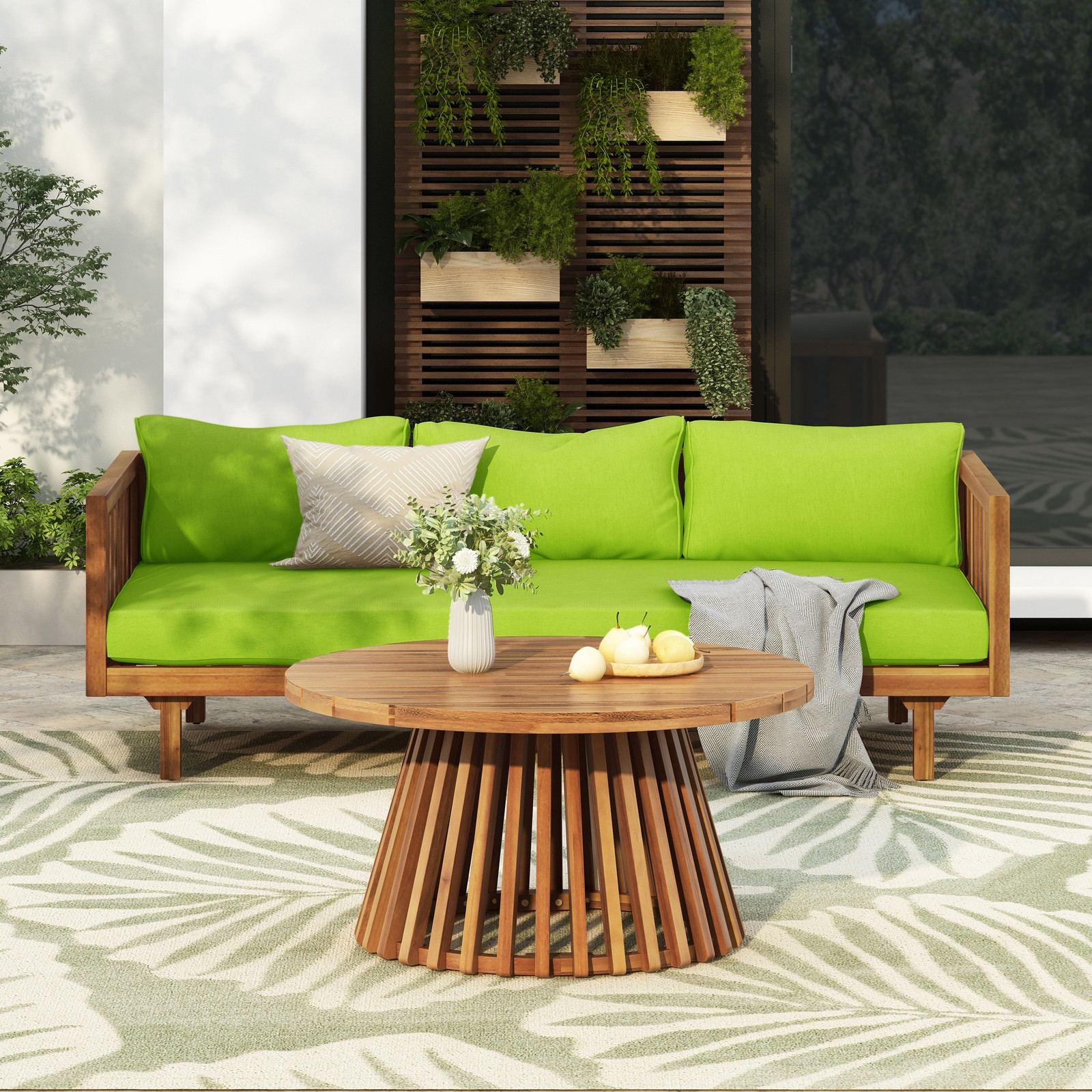 Acacia Wood Patio Furniture Set Outdoor 3 Seater Daybed with Table Lounge Chair