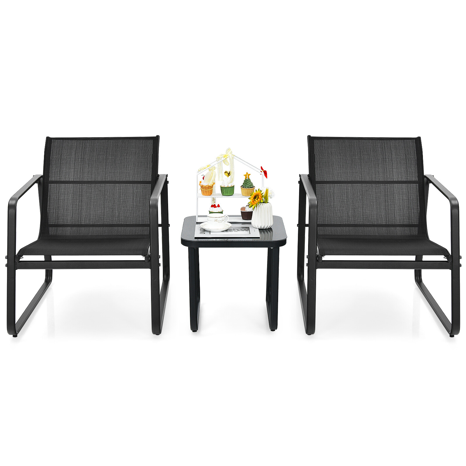 Patiojoy Patio 3PCS Bistro Furniture Set Glass Top Table Garden Deck Black