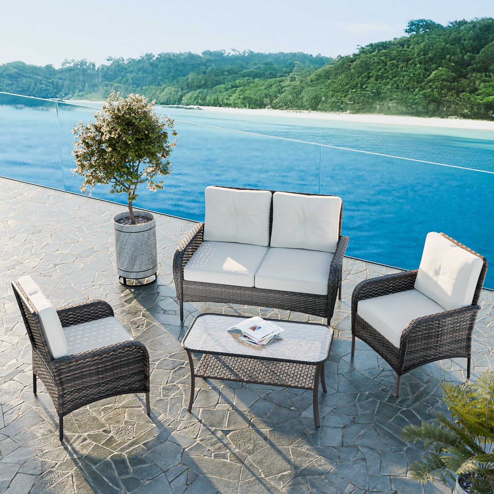 EAGLE PEAK 4pc Rattan Outdoor Patio Conversation Set with Removable Cushions