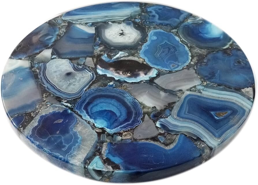 “Round Blue Agate Coffee Table Top | Geode Slab Home Decor Corner Furniture”
