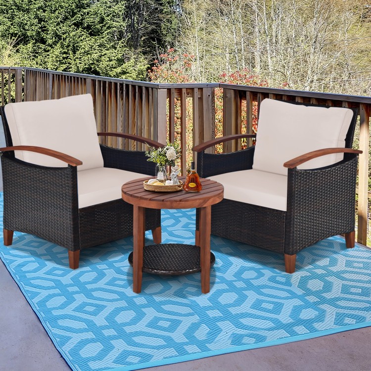 Sturdy Rattan & Acacia 3-Pc Patio Set for Backyard or Balcony, Washable