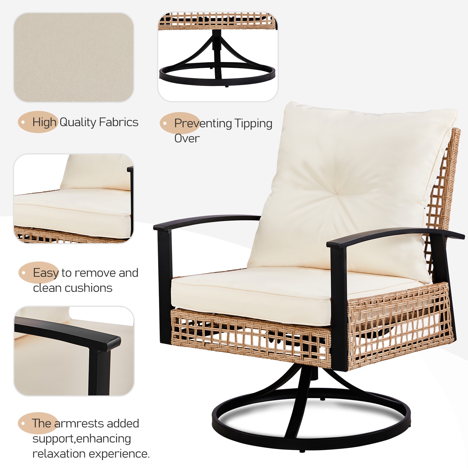 Set of 3 In/Outdoor Garden Swivel Rocker Patio Chairs and Table 360 Degrees