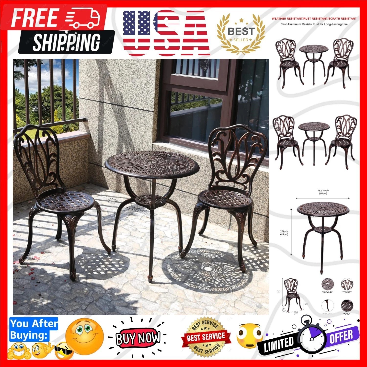 3 Piece Bistro Set,Outdoor Patio Set,Anti-Rust Cast Aluminum Bistro Table Set…