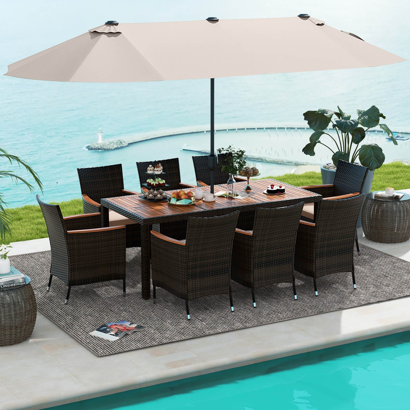 11 PCS Patio Dining Set with 15ft Double-Sided Patio Umbrella (Base Included)