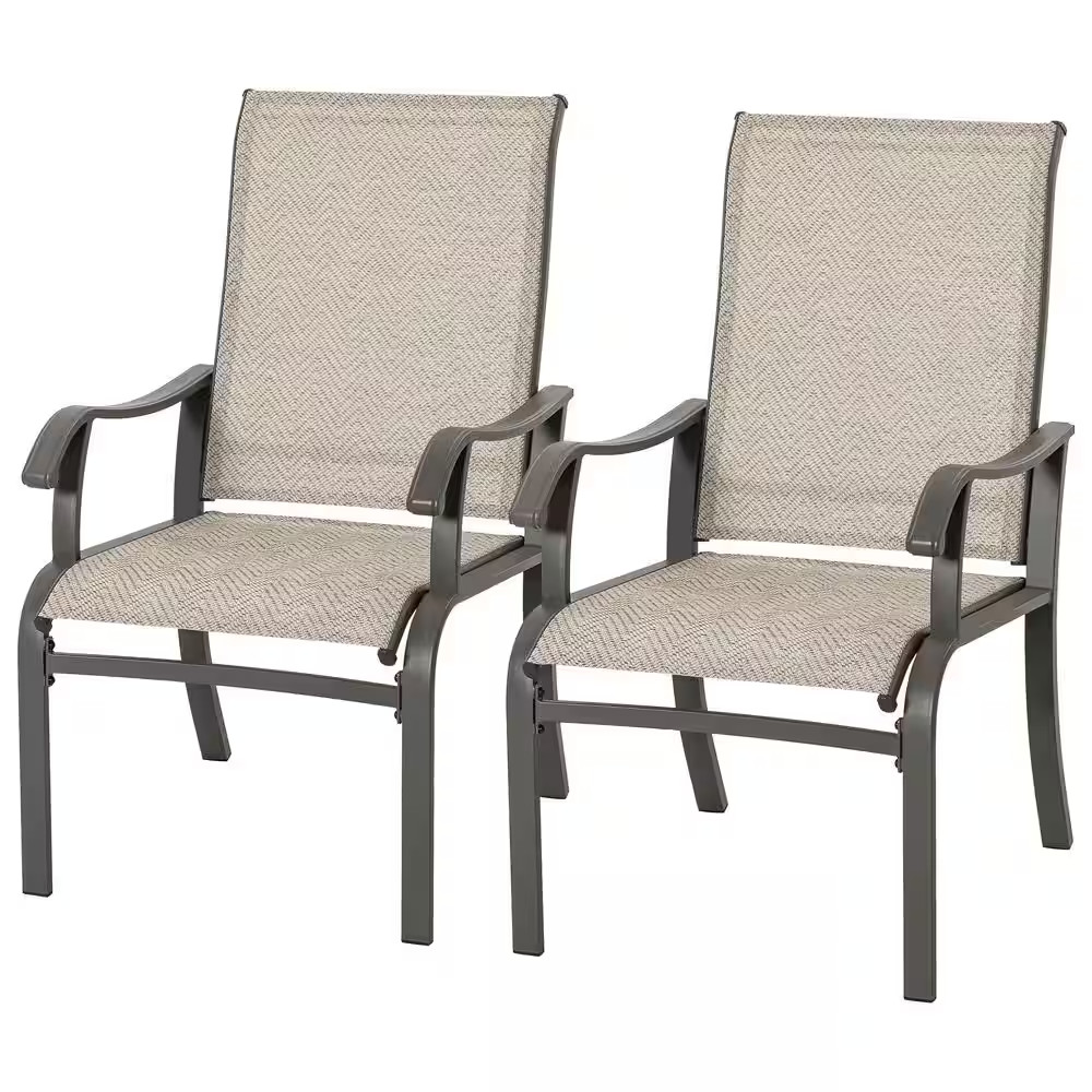 Gray Textilene and Metal Outdoor Dining Chairs Set in Beige with Ergonomic Desig