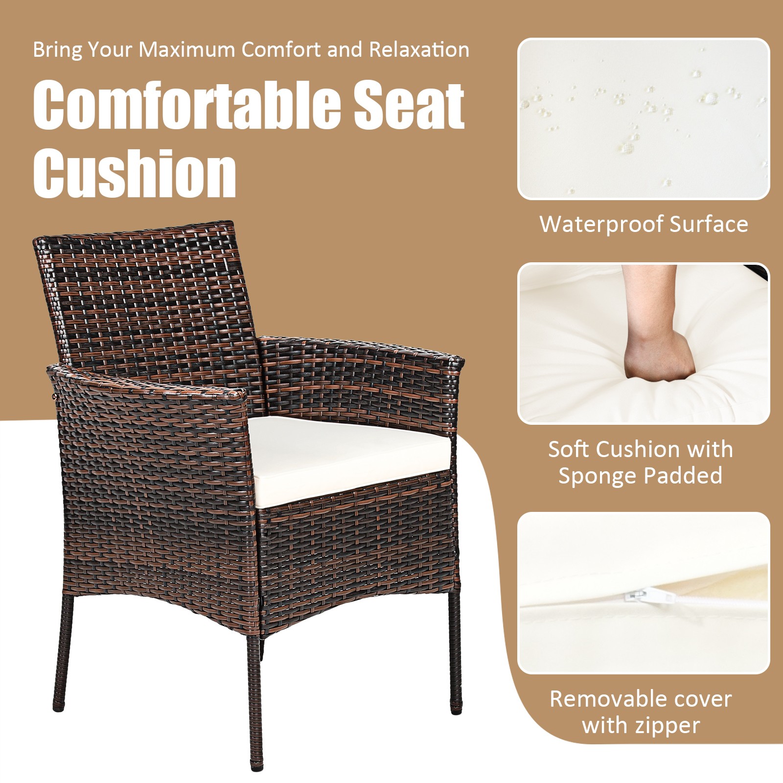 Patiojoy 2 PCS Patio Rattan Arm Dining Chair Cushioned Sofa Furniture Brown