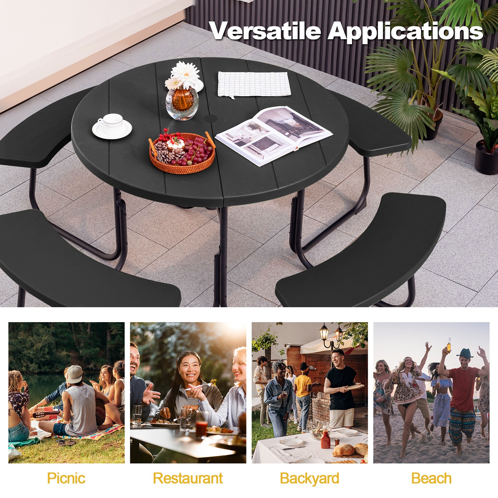Outdoor 8-person Round Picnic Table Bench Set w/ Umbrella Hole & 4 Benches Black