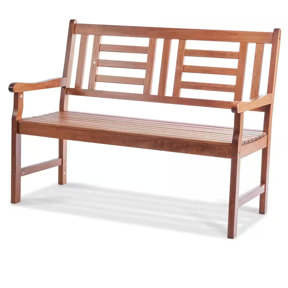 48 In. Outdoor Wood Garden Bench, Sturdy Patio Bench with Backrest and Armrests,