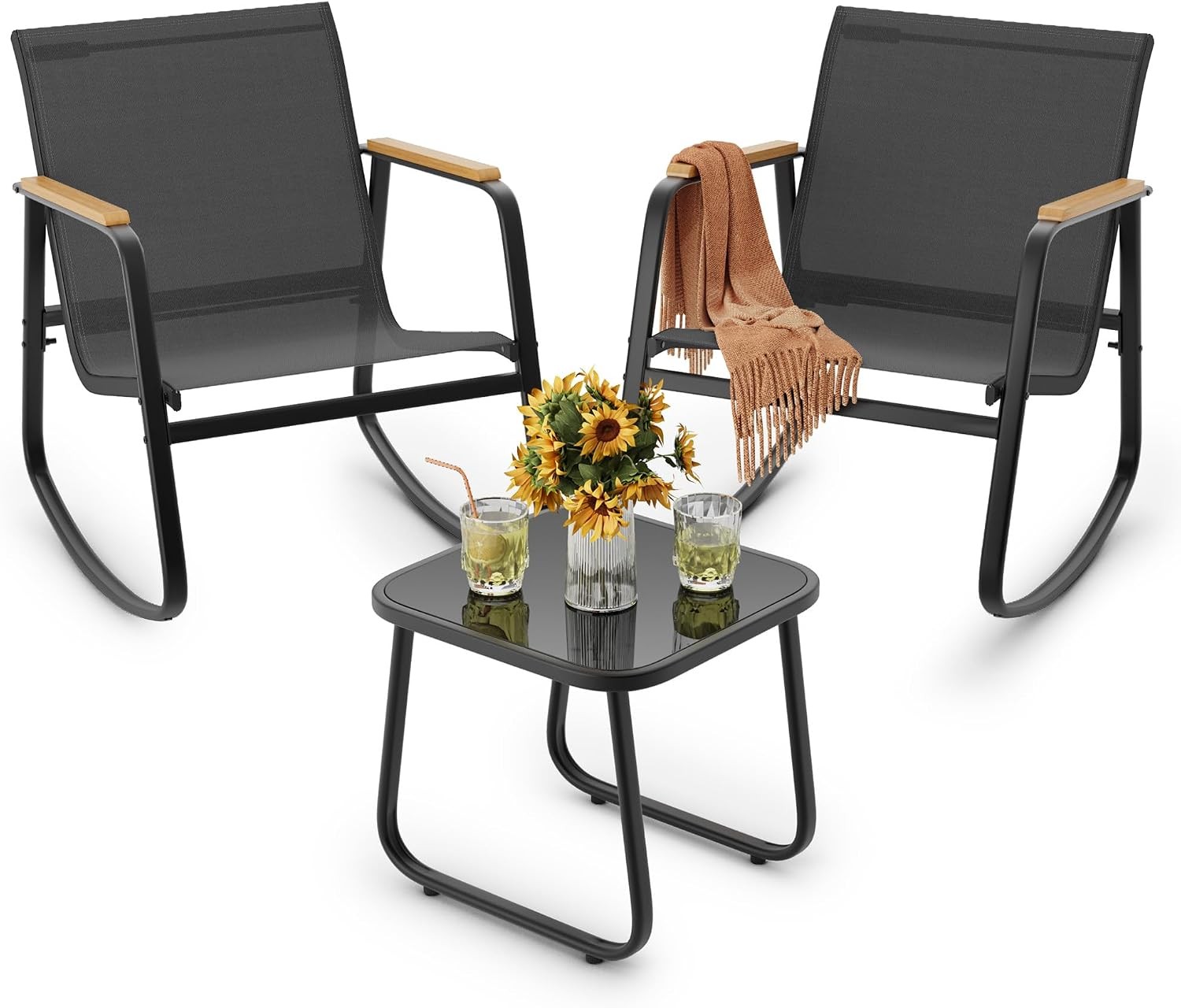 3 Pieces Patio Furniture Set Textilene Fabric Outdoor Patio Rocking Bistro Set