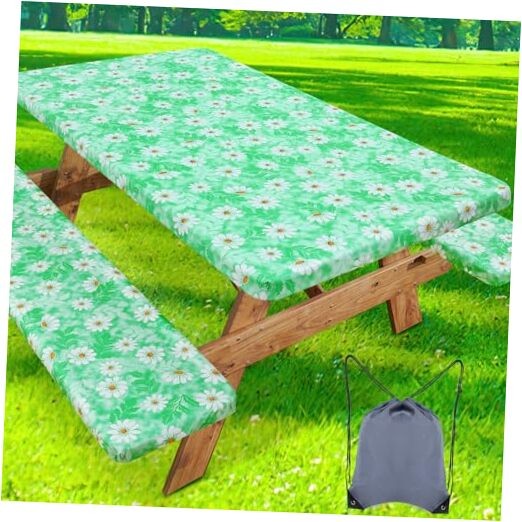 Picnic Table Cover with Bench Cover, Waterproof Elastic Fitted 30″ x 72″ Green