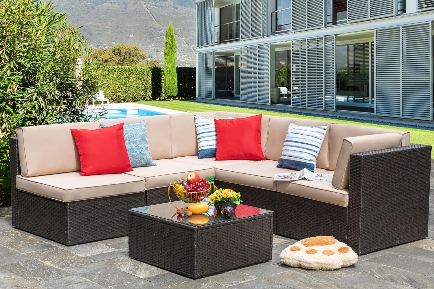 6 Piece Outdoor Patio Sectional Sofa PE Wicker L-Shape All-Weather Steel Frame