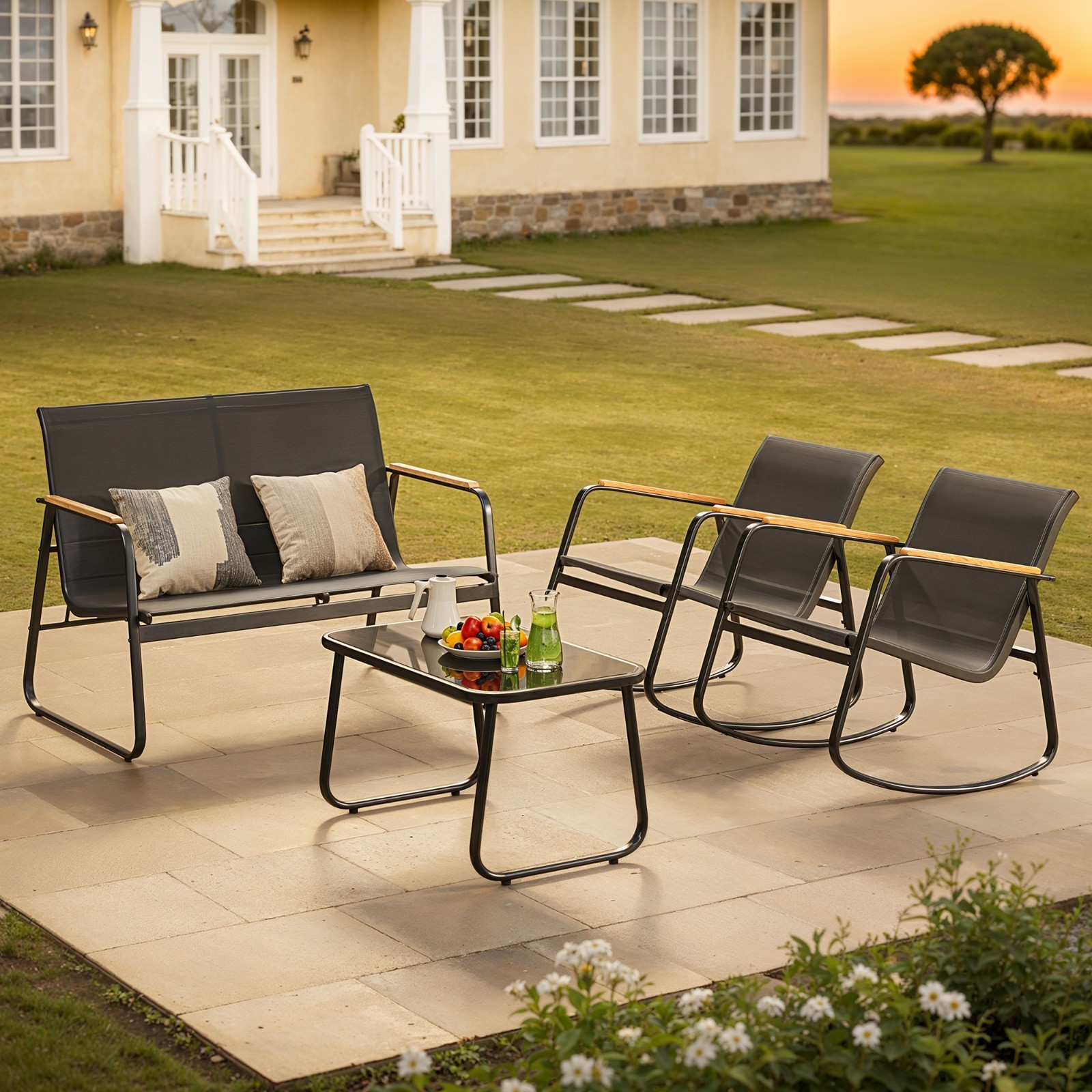 Patio Conversation Sets for 4, 4 Pieces Patio Furniture Sets with Rocking Chairs