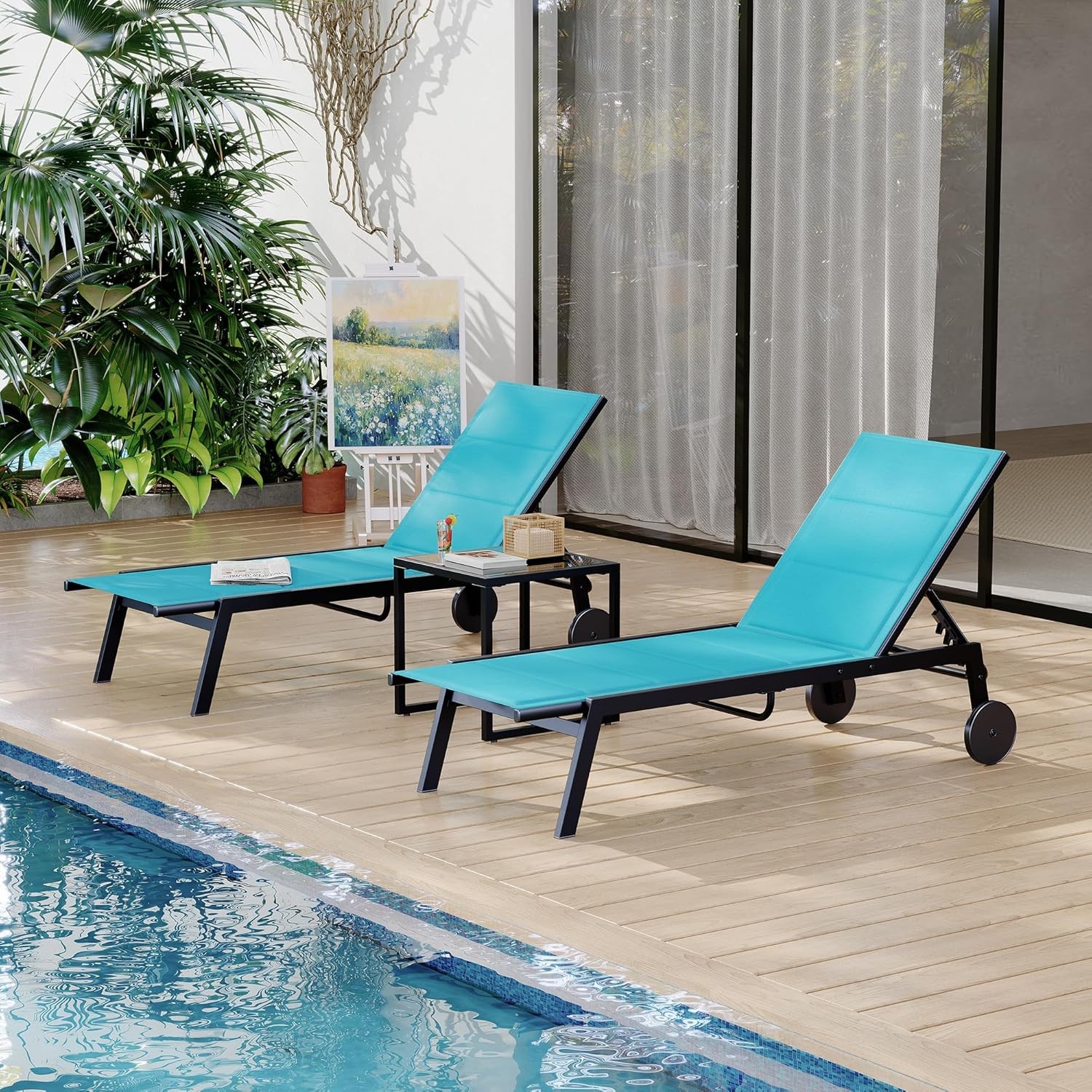 Outdoor Lounge Chairs 3 pcs with Wheel Side Table Poolside Lounger Patio Chaise