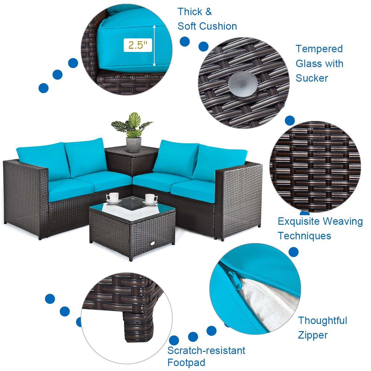 8PCS Outdoor Patio Rattan Furniture Set Cushion Loveseat Storage Table Turquoise