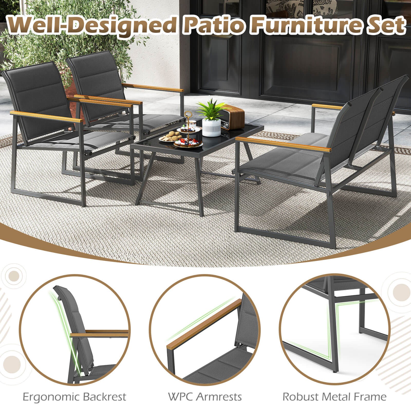 4 PCS Patio Furniture Set w/ Padded Fabric Seat & Wood-Plastic Armrests Table