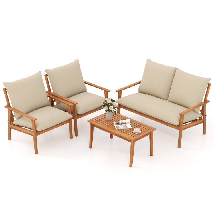 4 Pieces Patio Conversation Set Sofa Couch Outdoor Table Chairs W/ Soft Cushions