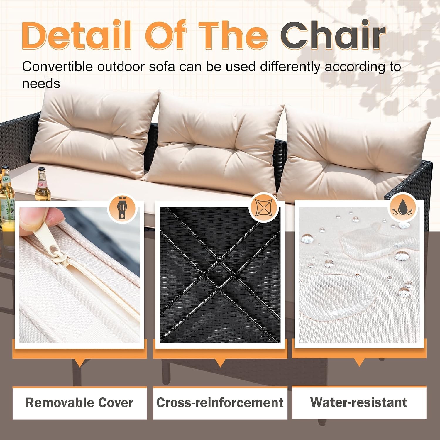 Outdoor Patio Furniture 3-Piece Rattan Waterproof Outdoor Sectional Sofa