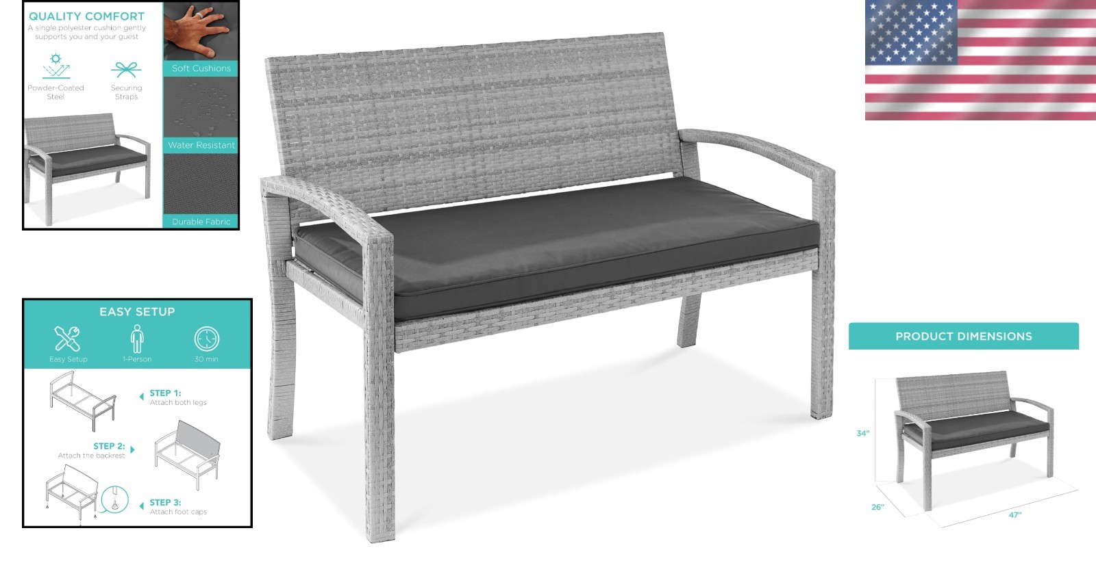 Contemporary 2-Person Wicker Outdoor Bench with Cushion – 700lb Capacity