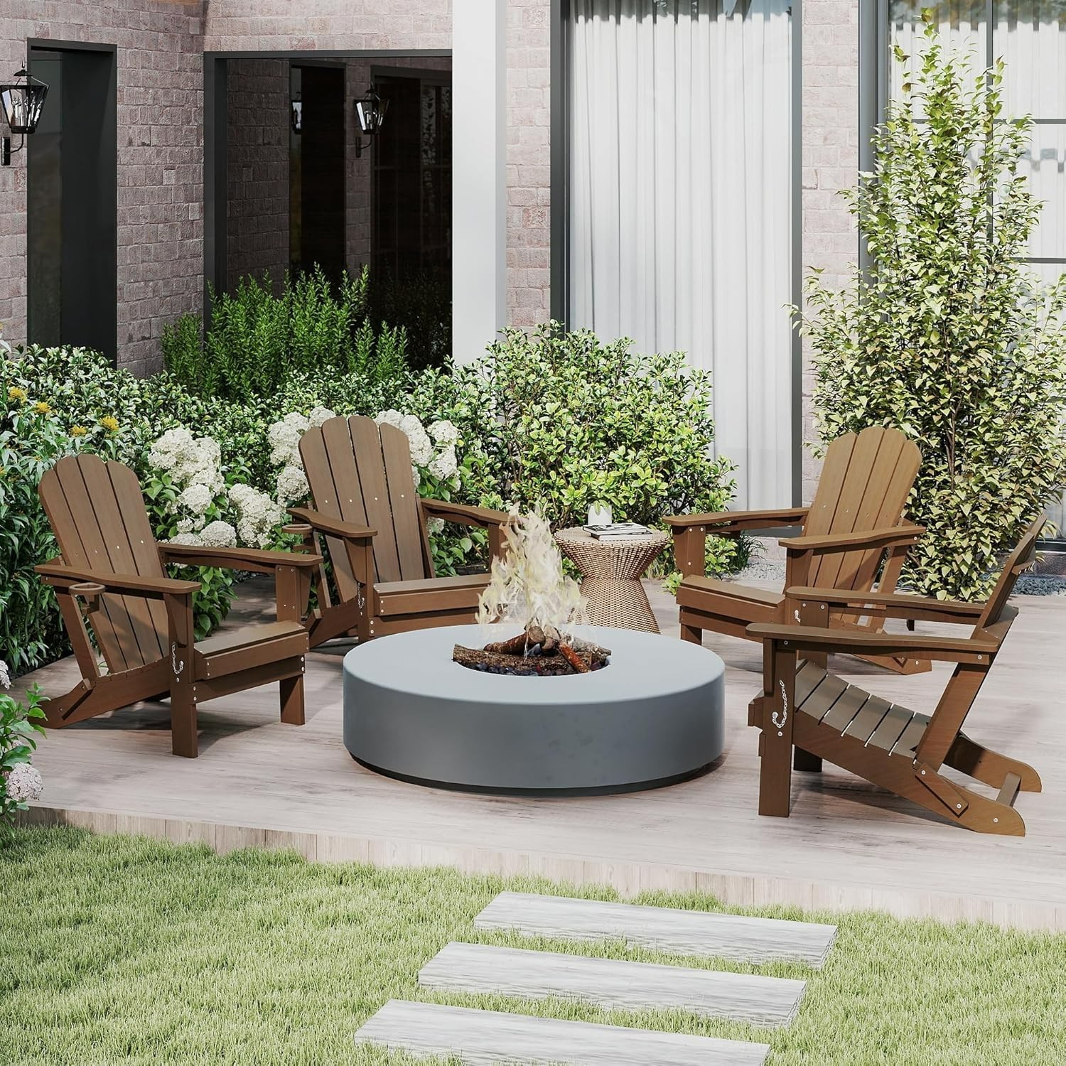 4pcs All-Weather HDPE Folding Adirondack Chair Fire Pit Chair w/Cup Holder,Khaki