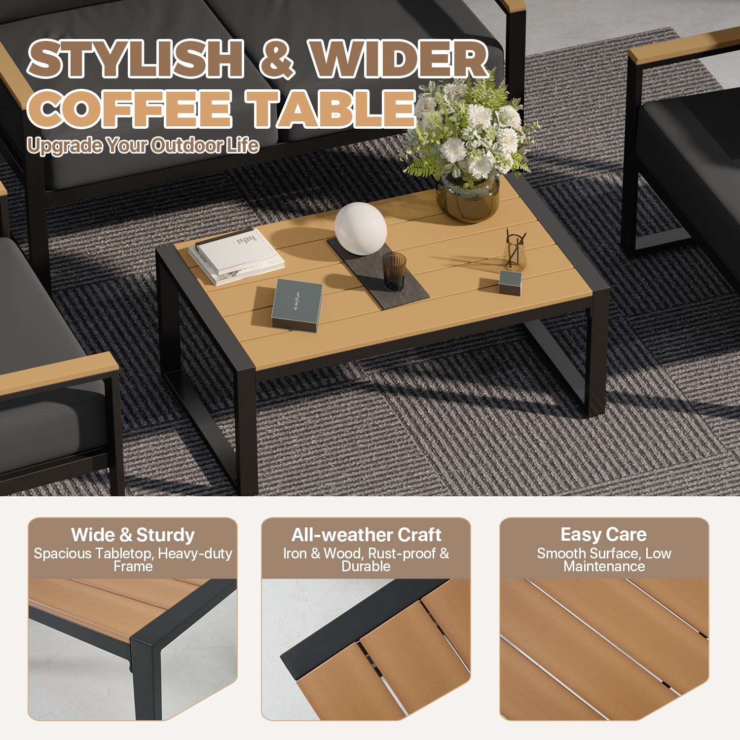 4-Piece Black Exposed Tube Patio Set 2 Single+Double+Table Dark Gray
