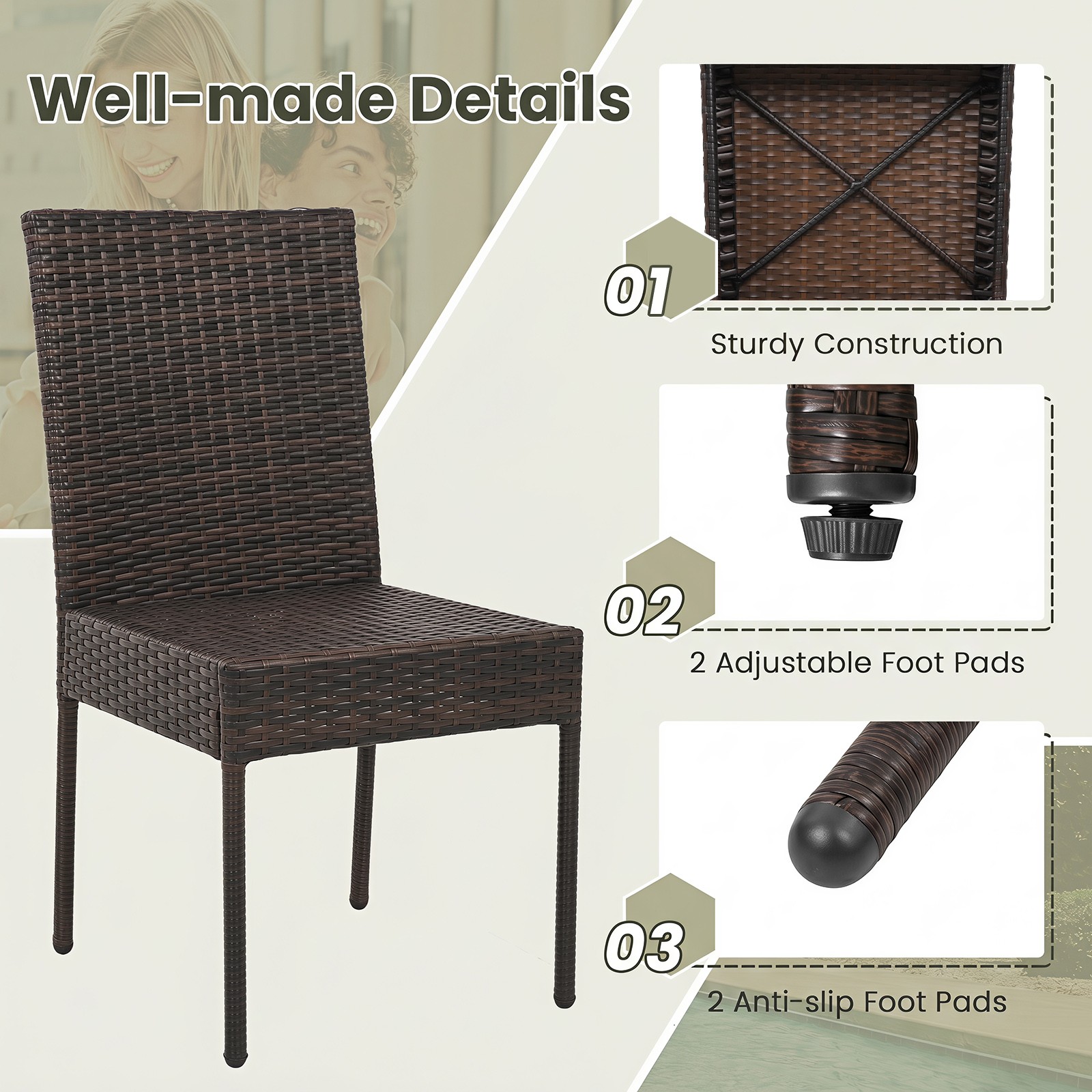 PE Wicker Patio Chairs Set of 4, Outdoor Dining Chairs w/Cushions, Metal Frame